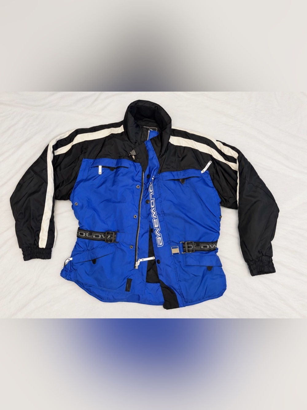 Vintage 90s Coldwave Snowmobile Ski Jacket Blue Black White Y2K Racing Belted